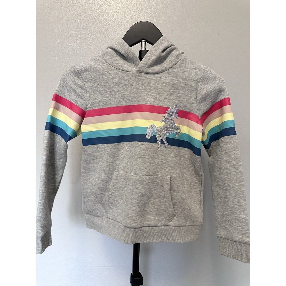My Favorite Girls Gray Multicolor Striped Sequin Unicorn Pullover Hoodie 7/8